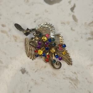 Vintage Gold Tone Multi-Color Rhinestone Filigree Leaf Brooch Pin